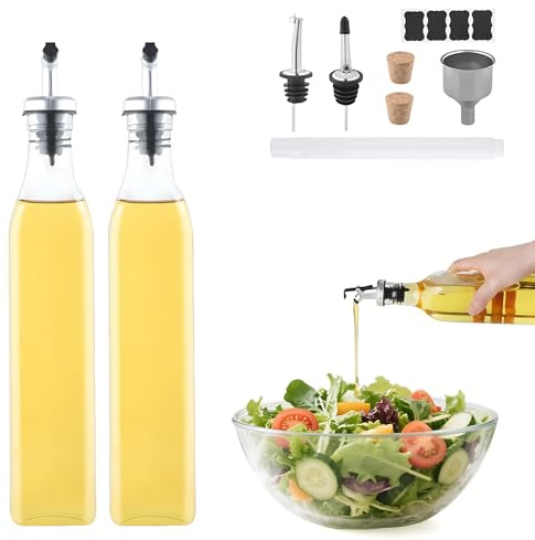Beylce 2 x 500ml bouteille huile olive bec verseur, distributeur huile d'olive avec bouchon antisalissure, étiquette, bouchon de liège, marqueur pour tableau blanc, entonnoir en acier inoxydable