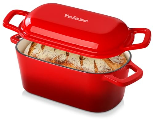 Dutch Oven for Bread Baking, Oval Cast Iron Enameled Bread Oven Pan with Lid and Dual Sided Angled Handles, 3.6QT Oven Safe to 500°F for Homemade Sourdough Bread, Red, 16.5cm Diameter – by Velaze