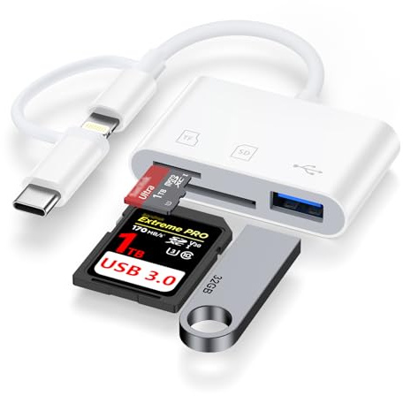 Kigpozi 3 in 2 SD Kartenleser für iPhone,Lightning USB C SD Karten Adapter | Lightning Type C SD Card Reader Kamera SD Karten Adapter,Kartenlesegerät für iPhone 17/16/15/14/13/12/11 iPad Samsung Android
