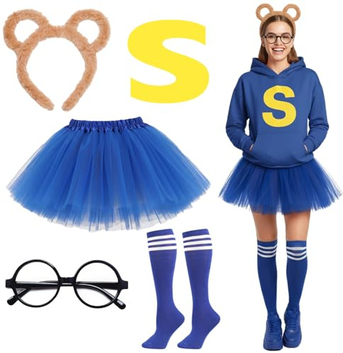ZJKUBOIS Chipmunks Kostüm-Set für Damenn, Streifenhörnchen Kostüme: Chipmunks-Ohren, Tutu Rock, Fußballsocken, Filz - A/T/S, Damen Kostüm Zubehör Set Rot/Grün/Blau - Top für Karnevals Partyzubehör
