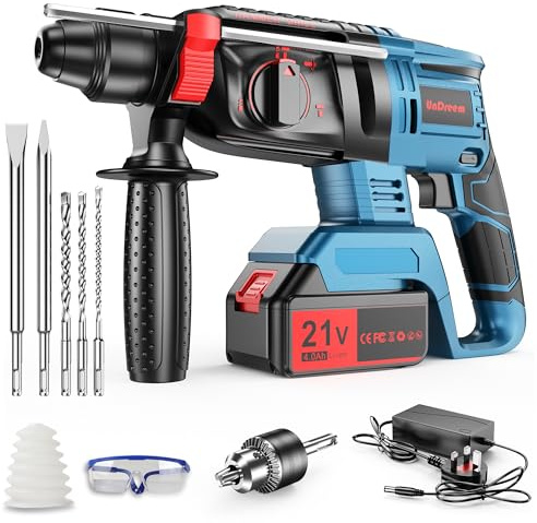 Martillo Perforador inalámbrico con pilas de repuesto 21 V 4000 mAh, funciones 4 en 1, adaptador SDS-plus con portabrocas de perforación, para perforador