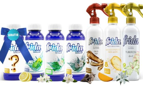 FRIDA Home Kombi-Duftset 7-teilig – Lufterfrischer Spray & Allzweckduft mit Mango Papaya, Tuberose, Oud, Jasmin, Zitrone, Clean & Überraschungsduft – 3300 ml für Wohnzimmer, Büro & Auto