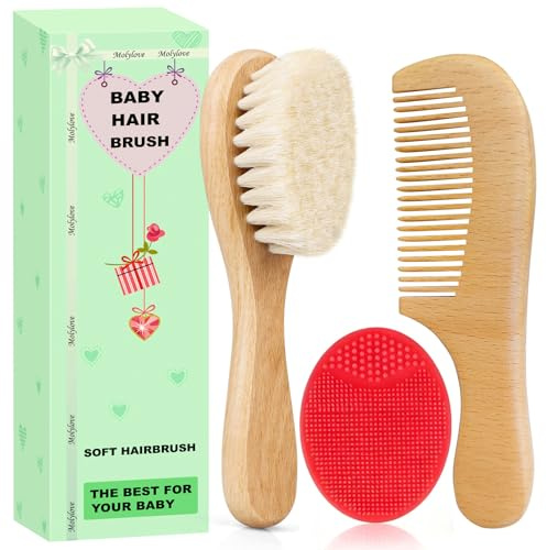 Molylove 3PCS Baby Haarbürste und Kamm Set für Neugeborene & Kleinkinder | Holz Babybürste Set mit weichen Ziegenborsten l Holzkam l Rot Cradle Cap Bürste| Ideal für Cradle Cap