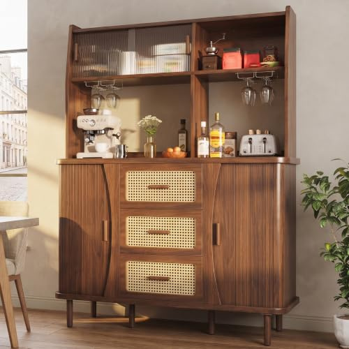 LPdorbe Buffet de Cuisine avec Portes Coulissantes en Verre, Armoire de Rangement 174.5 cm avec Tiroirs Effet Rotin, Vaisselier Haut, Meuble Buffet Salle à Manger, Style Bois Naturel/Noyer