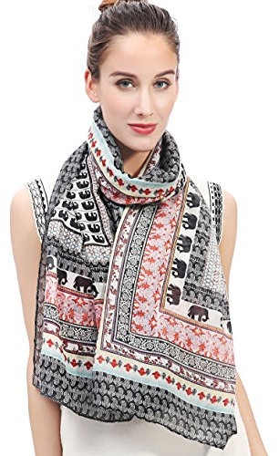 Lina & Lily Damen Schal Tuch mit Elefanten (Beige/Schwarz/Rot)