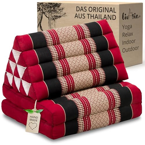 livasia Thaikissen mit 2 Auflagen - 120x50x8cm - Dreieckskissen mit Sitzkissen, Keilkissen mit Kapok, Rückenkissen faltbar, Thaimatte zum Klappen, handgefertigt, Meditationskissen (Rot/Schwarz)