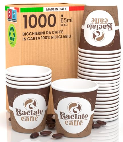 Eurocali 1000 Bicchierini in Carta per Caffè 65ml BaciatoCaffèCUP Biodegradabile Monouso Made in Italy Bicchieri Asporto Bevande Calde - Prodotti e confezionati in Italia