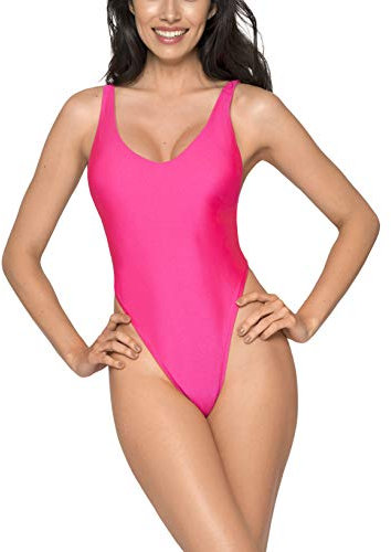 RELLECIGA Damen Monokini One-Piece String Thong Bikini High Cut Badeanzug Neon Rosa M