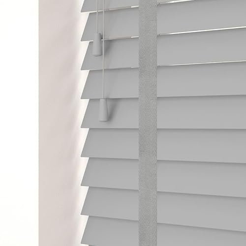 funky gadgets smooth Faux Wood wooden Venetian Blinds ONE With STRINGS and THE OTHER with TAPE 50mm Slats TRIMMABLE (Grey With Tape, 90cm width x 150cm drop)