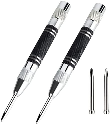2 Pack Automatic Center Punch, 5 Inches Black Spring Loaded Center Hole Punch, Adjustable Tension Impact Auto Center Punch Tool, with 2 Replacement Tips, Hand Tool for Metal or Wood