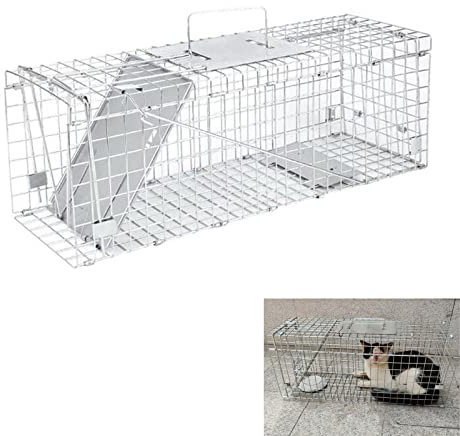 Cat Trap for Stray Cat Humanitarian-aid, Foldable Catch and Release Animal Trap Large One-door with Metal Guard Handle 24×7.5×8.3 Inch