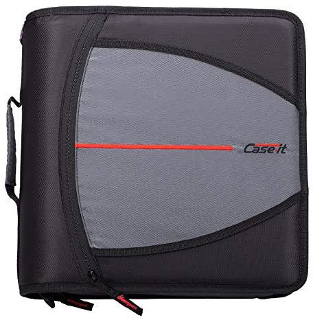 Case-it Mighty Schulmappe mit Reißverschluss, 7,6 cm O-Ringe, 600 Blatt Kapazität, Fächermappe mit 5 Fächern, mehrere Taschen und Aufbewahrungs-Organizer, Schultergurt, D-146 Schwarz (Jet Black)