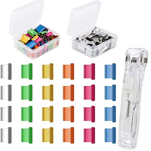 TOYMIS Stainless Steel Metal Refill Clips Dispenser, Mini Reusable Binder Pack Clamp, 1 Pack Push Stapler with 50pcs Binder Clips Silver 50pcs Colorful Paper Clamps for Office Document School Supplies