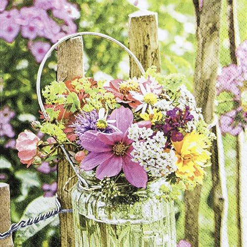 20 Servietten Blumenvase am Zaun | Blumen | Frühling | Sommer |basteln | neutral | zeitlos | Tischdeko | Decoupage | Serviettentechnik 33x33cm