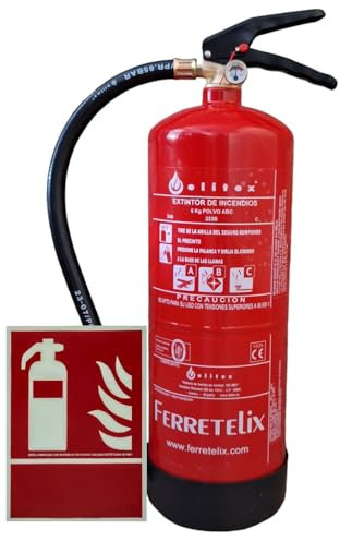 FERRETELIX®. EXTINTOR ALTA EFICACIA 6KG INCLUYE SOPORTE PARED + BASE PVC + SEÑAL FOTOLUMINISCENTE A4 210x297 mm FECHA DE FABRICACION 2025