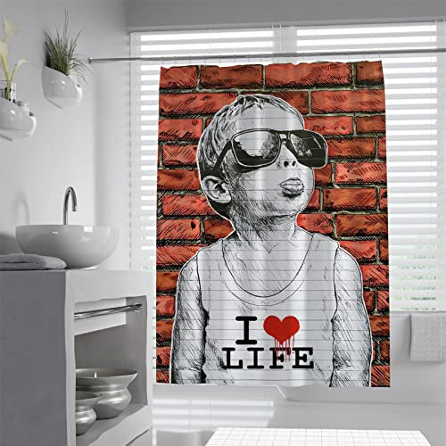 Rote Wandfliese Stoff Duschvorhänge für Badezimmer Banksy Street Art Junge trägt Sonnenbrille Kinder Badevorhang Set Soft Hotel Qualität Design 120x200cm