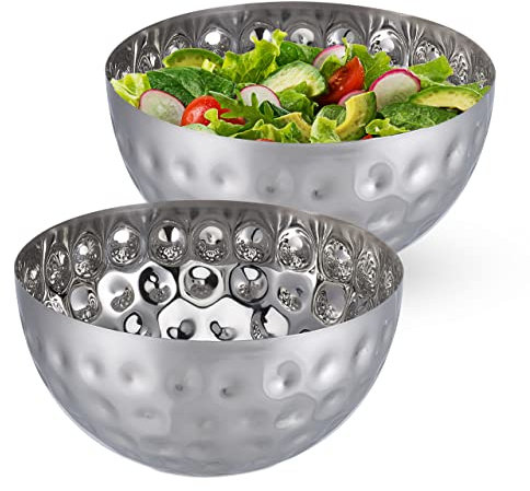 Set 2 Ensaladeras Metal Martillado, Frutero, Cuenco Cocina, Bol Ensalada, Aperitivos, Acero Inoxidable, Ø 25cm, Plateado