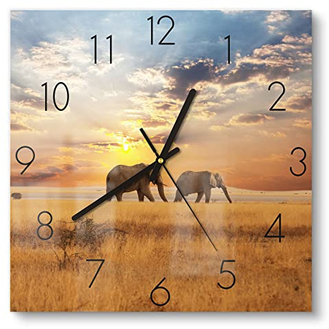 DEQORI Glasuhr | 30x30 cm | Motiv Elefanten in der Steppe | ausgefallene leise Design Uhr aus Glas | Wanduhr für Wohnzimmer & Küche | moderne Hingucker Uhr für die Wand