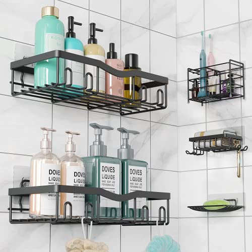 ZELENG Duschregal, 5 Stück, stark klebend, Dusch-Organizer-Regal mit Haken. Rostfreie Wandmontage, Duschregale für Küche, Wohnheim und Badezimmer. Organizer ohne Bohren (schwarz)