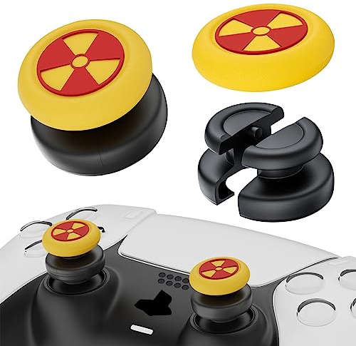 PlayRealm NO Falling Off Thumbstick Extender & Silicone Grip Cover 2 Sets for PS5 & PS4 Controller (Radiation Yellow)