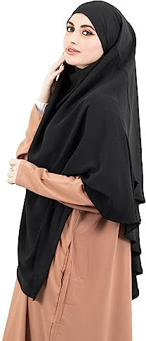 Lamis Hijab - Khimar 2 Schleier zum Überziehen aus Medinenseide, Jilbab für muslimische Frauen, verhüllt KH200, Schwarz , One size