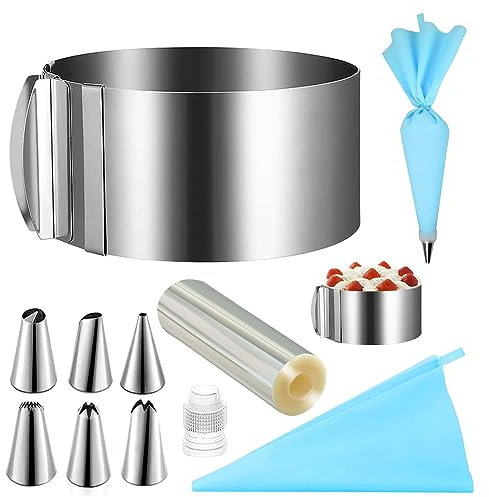 Gohytal Anello per torta regolabile in altezza 8,5 cm, set di accessori per torte, in acciaio inox, regolabile, pellicola per bordi e sac à pochette, set di beccucci, per la preparazione di torte e