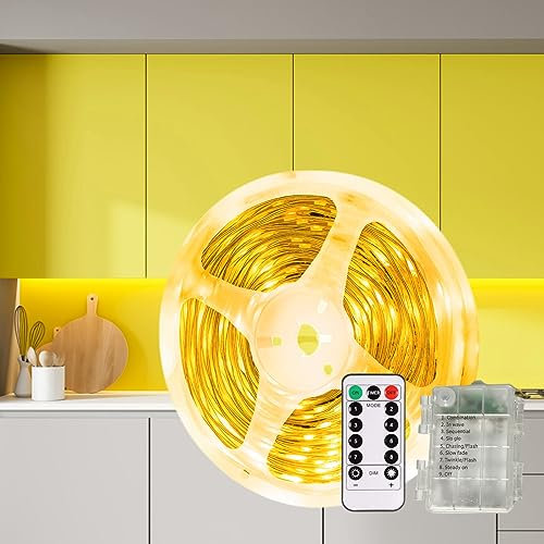 Gaoxun Batterie LED Strip 3M, Warmweiß 2700K LED Streifen Batteriebetrieben mit Fernbedienung, LED Band Selbstklebend, 8 Modi, Timer, Schneidbar, Wasserdicht Lichtband für Schlafzimmer Wohnzimmer Deko