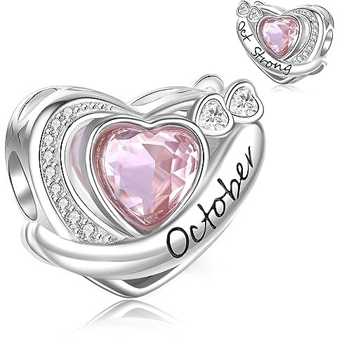 Symretie Charms Geburtsstein Oktober Anhänger Charm aus 925er Sterlingsilber,Liebesherz-Anhänger mit Geburtsstein Geburtstagsgeschenke für Frauen