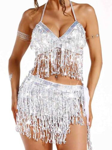 Ushiny Pailletten Quastenrock mit BH Top Set Rave Outfits glitzerndes Rock Set Bauchtanz Hüftrock Festival Kleidung für Frauen und Mädchen (Silber)