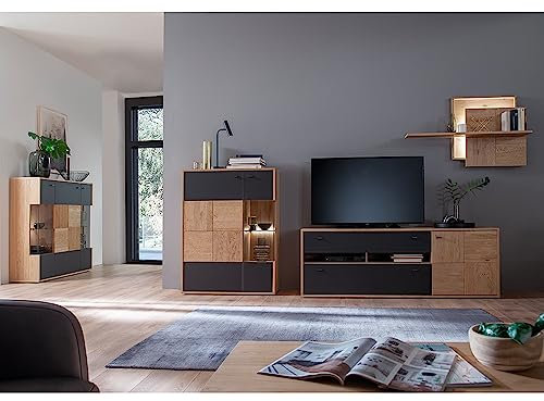 Lomadox Wohnzimmermöbel Set Wohnwand Eiche Bianco teilmassiv 4-teilig Modern, 2 Highboards, 1 TV-Lowboard, 1 Wandboard