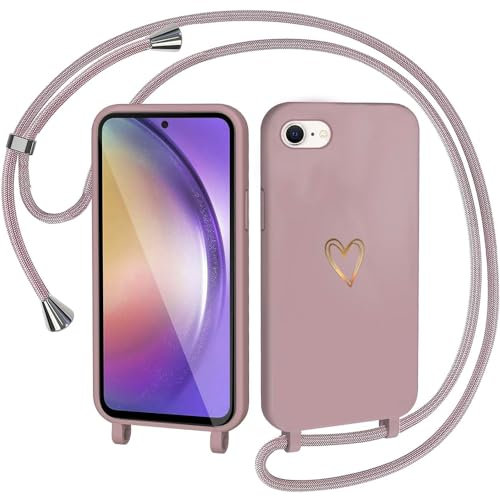 CaseLover Handykette für iPhone SE 2022/6/6S/7/8/SE 2020 Hülle mit Band, Herz Muster Silikon Necklace Handyhülle mit Abnehmbar Kordel zum Umhängen Stossfest Bumper Schutzhülle für iPhone 8/7, Pink