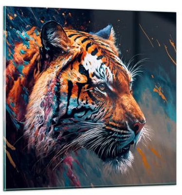 Bilder auf Glas Tiger Bunt Tier Glasbild 30x30cm Wandbilder Dekoration Wohnzimmer Schlafzimmer Küche Deko Klein Wanddeko Bild im Glas Wand Kunstdruck Art Modern Wall Decor Glasdruck GAC30x30-5736