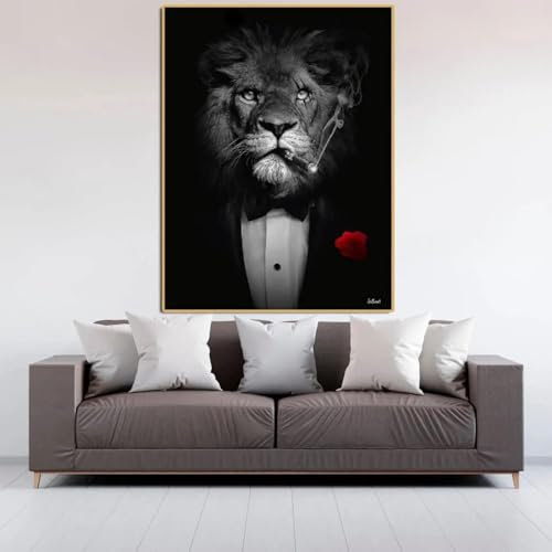Wilde Tiere im Anzug, Kunst-Leinwandgemälde, schwarze Löwen, die eine Zigarre rauchen, Poster und Drucke, Wanddekoration für Wohnzimmer, 80 x 120 cm (31 x 47 Zoll) mit Rahmen