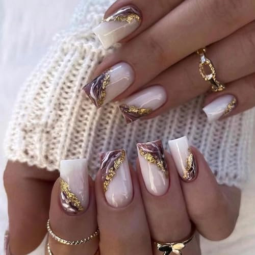24 Pièces Faux Ongles Court Carré, French Blanche & Violette Brillant Press on Nails, 12 Tailles Couverture Complète Gel Ongles à Coller Acrylique Fake Nails pour Femme Filles Nail Art à La Maison