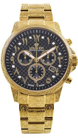 LOUIS XVI Palais Royale 1094 - Ø 43 mm - Herren Uhr - Wasserdicht - Uhr Vergoldet - Armband Gold - Zifferblatt Schwarz - Schweizer Quarzwerk