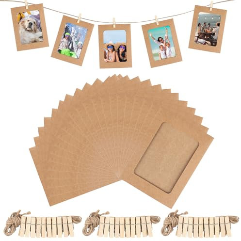 30 Piezas Marco de Fotos de Papel Kraft, 15,2 x 11,5 cm Marco para Colgar en Pared, Marco de Fotos de Papel de Bricolaje con Clips de Madera y Cuerda de Cáñamo para Decoración del Hogar