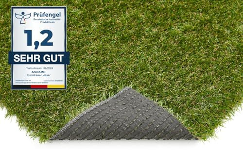 andiamo Kunstrasen Jever Outdoor Teppich wetterfest – Rasenteppich für Balkon & Terrasse, wasserdurchlässig mit Drainage-Noppen, robuster Balkon Bodenbelag in Grün – 200 x 600 cm