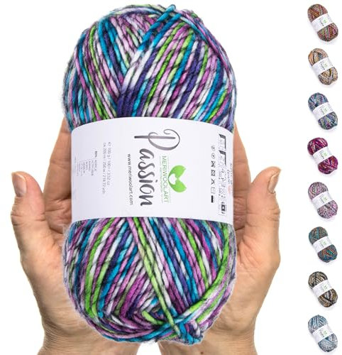 MeriWoolArt® Merino Wolle zum Stricken – 200 m Mehrfarbige Dicke Merinowolle – Weiche Wolle zum Häkeln und Armstricken für Pullover, Schals, Decken, Tücher, DIY Strickprojekte