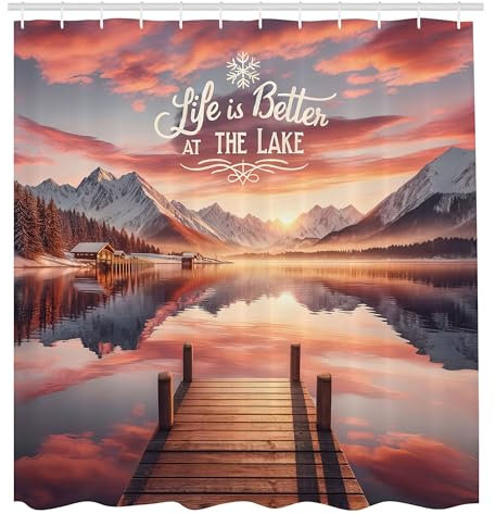 ABAKUHAUS See Duschvorhang, Faszinierende Sonnenuntergangsszenerie Berge Wolkenreflexionen Leben ist Besser Spruch, Stoffliches Gewebe Badezimmerdekorationsset mit Haken, 175 x 200 cm, Smaragd