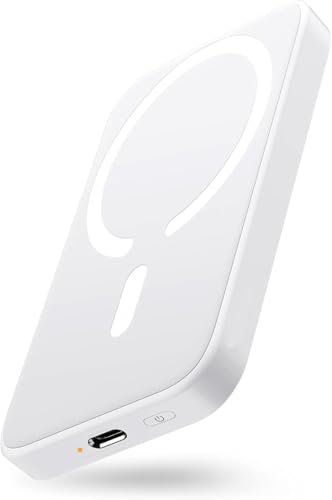 Cru Tech Magnetic Portable Charger, 5000mAh Wireless Mag-safe Power Bank, Slim Battery Pack for iPhone 15/15 Pro/15 Pro Max, iPhone 14/13/12/11 Series(White).With Mage safe cover compatible.