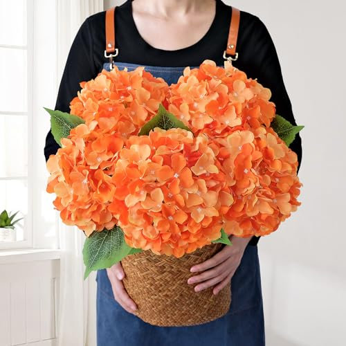 JINWOE Lot de 5 hortensias artificiels orange de 50,8 cm, têtes de fleurs complètes en soie avec tige, fleurs d'hortensia artificielles pour Halloween, mariage, maison, jardin, centre de table,
