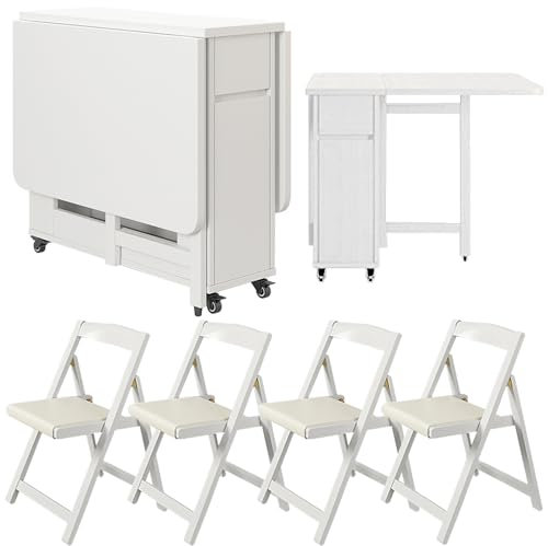 Klappbares Esstisch-Set mit 4 Stühlen, ausziehbarer Esstisch aus Holz mit Rollen und Schublade, Klapptisch für Küche, Esszimmer, Wohnzimmer, Restaurant