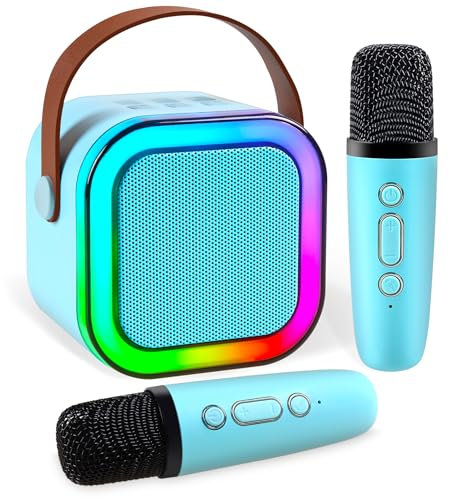 Mini Karaoke Machine for Kids,Portable Bluetooth Speaker with 2 Wireless Microphones for Kids Adults,MP3 Music Player Fun Birthday Gifts for 4-12 Years Teens Colorful Lights Girls Boys (Blue)