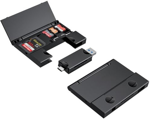 RayCue Multi-Function Card Reader Storage Box, USB3.0 High Speed Mobile Phone Memory/TF Card/SD Card/SIM Card/Card Pin Type-c Storage Box, for Type-c Laptop, iPhone, etc, Black