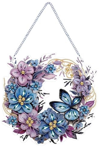 CXINLky DIY Diamond Painting Türkranz Anhänger mit Kette, Diamant Painting Fensterbilder, Schmetterling 5D Diamond Malerei Wandbehang Kits für Fenster Wand Eingang Garten Decor-02-Blume
