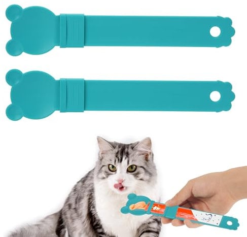 2pcs Cat Strip Feeders, Innovative Cat Snack Strip Feeder Cute Kitten Lickable Snack Spoon Happy Cat Puree Spoon Multi-Functional Cat Squeeze Snack Spoon Wet Food Spoon for Dogs and Cats(Blue)