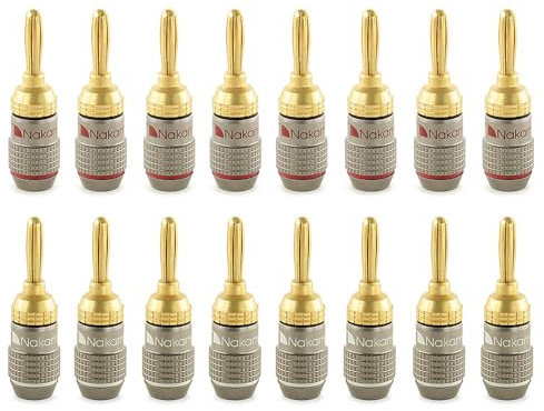 Nakamichi FanLock Excel-Serie 24 Karat vergoldeter Bananenstecker, 10 AWG – 18 AWG, 4 mm Dicke für Lautsprecherverstärker, Hi-Fi Stereo Heimkino Audiokabel Schnellanschluss, 16 Stück (8-Paare)