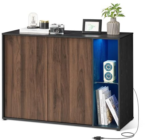 SONGMICS HOME Sideboard, Toolless-Technologie, superschnelle werkzeuglose Montage, Aufbewahrungsschrank mit Beleuchtung, TV-Schrank, Glasablage, naturwalnussfarben-ebenholzschwarz BBK372B01