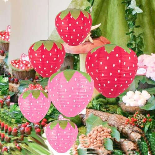 JUTSTJUKO Erdbeer-Papierlaternen, Erdbeer-Kurzkuchen-Partyzubehör, hängende Ornamente, Raumdekoration, Party-Dekorationen für Geburtstag, Hochzeit, 6 Stück