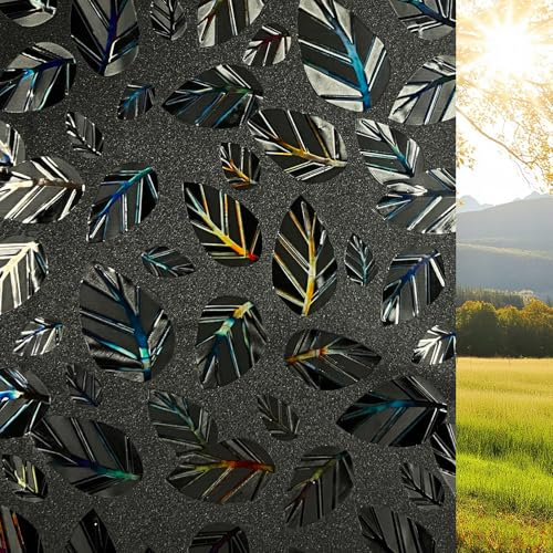 Qualsen Vinilo Opaco para Ventanas 3D Negro Patrones de Hojas 44.3x200cm, Vinilos para Cristales Efecto Arcoiris Decorativo Electrostaticos Oscurecer Lámina Privacidad Ventana para Hogar, Dormitorio